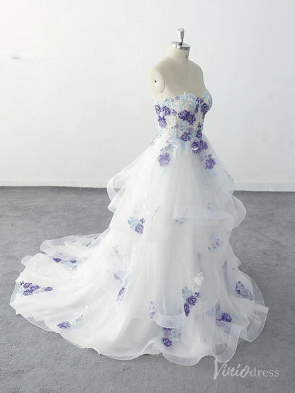 Whimsical Ivory Floral Wedding Dress with Layered Tulle Skirt, Strapless Sweetheart Bodice & Purple Embroidery – FW234-wedding dresses 2025 -Viniodress-Ivory-Custom Size-