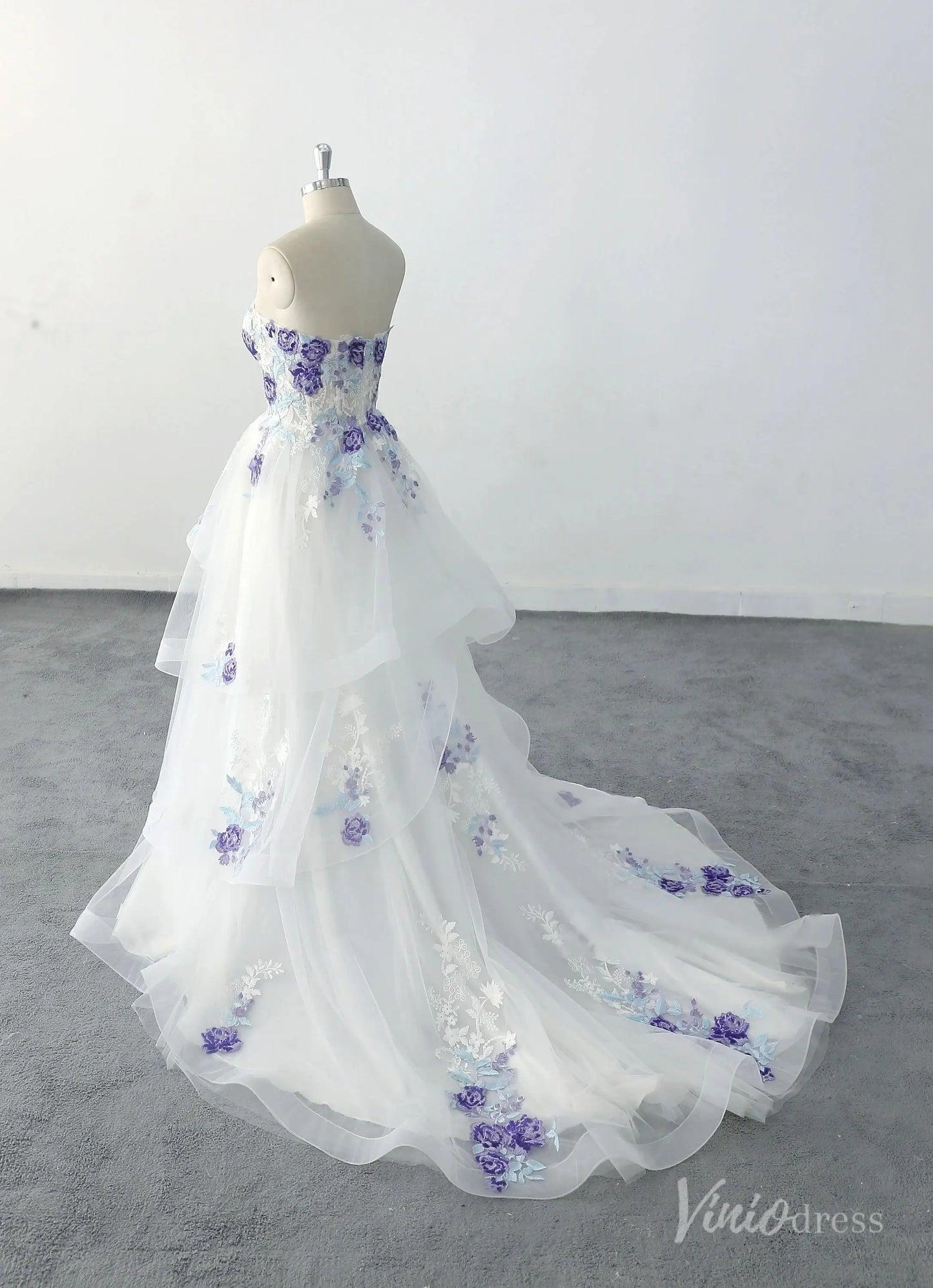 Whimsical Ivory Floral Wedding Dress with Layered Tulle Skirt, Strapless Sweetheart Bodice & Purple Embroidery – FW234-wedding dresses 2025 -Viniodress-Ivory-Custom Size-