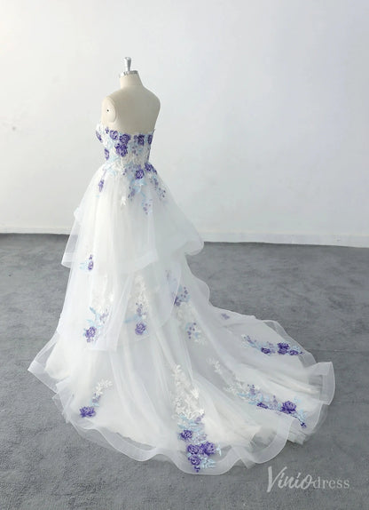 Whimsical Ivory Floral Wedding Dress with Layered Tulle Skirt, Strapless Sweetheart Bodice & Purple Embroidery – FW234-wedding dresses 2025 -Viniodress-Ivory-Custom Size-