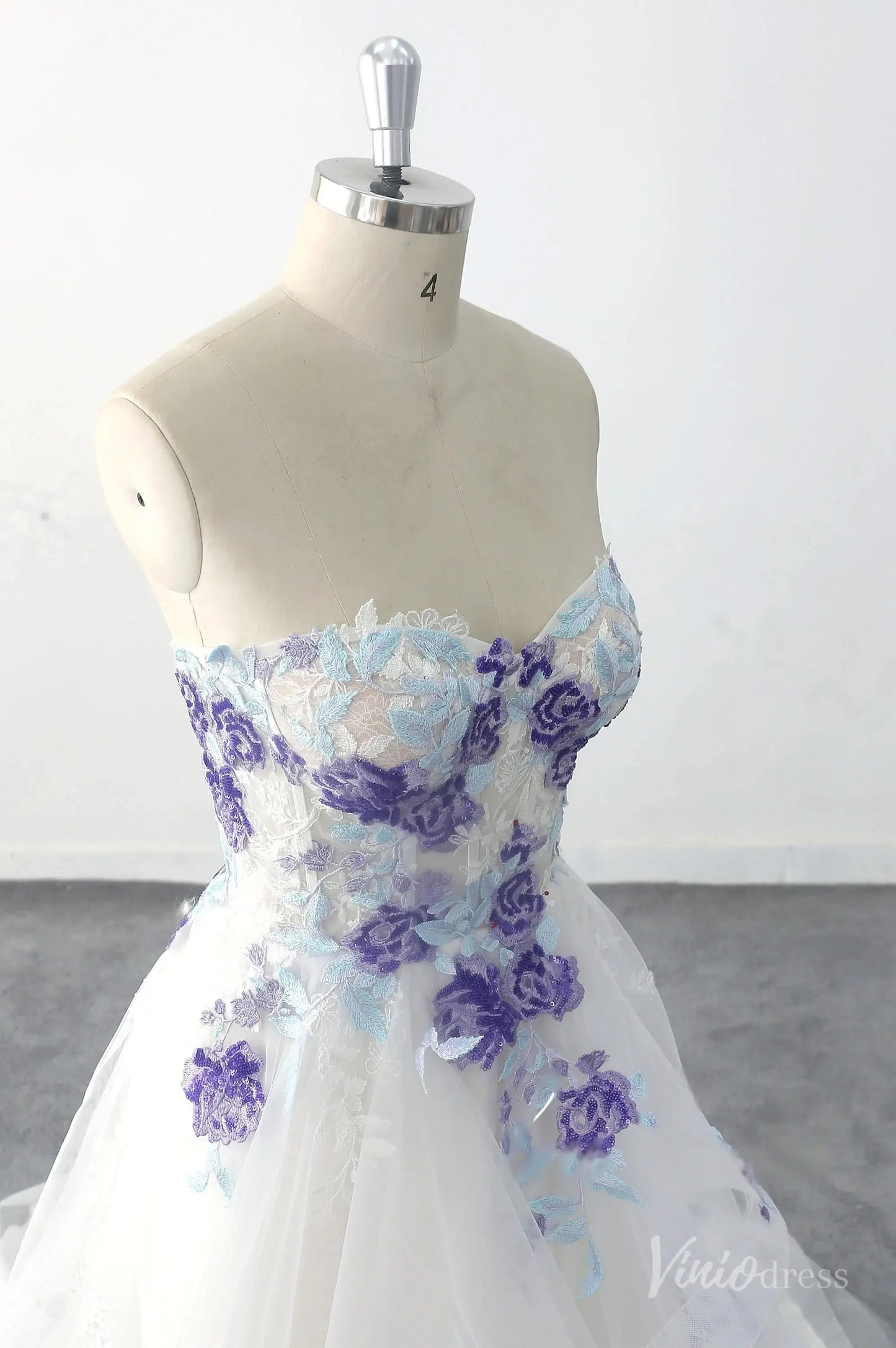 Whimsical Ivory Floral Wedding Dress with Layered Tulle Skirt, Strapless Sweetheart Bodice & Purple Embroidery – FW234-wedding dresses 2025 -Viniodress-Ivory-Custom Size-
