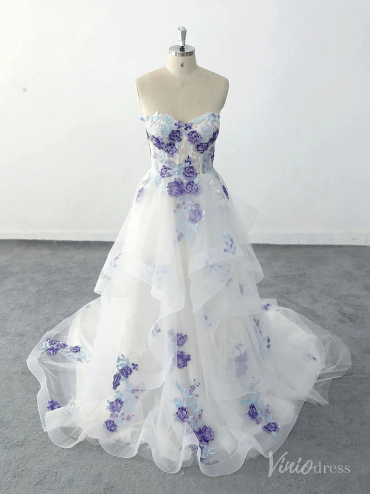 Whimsical Ivory Floral Wedding Dress with Layered Tulle Skirt, Strapless Sweetheart Bodice & Purple Embroidery – FW234-wedding dresses 2025 -Viniodress-Ivory-Custom Size-