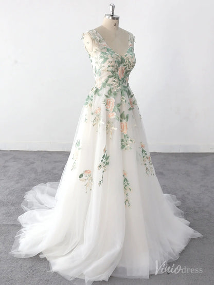 Whimsical Ivory Floral Wedding Dress with Pastel Embroidery, V-Neck Bodice, and Layered Tulle Skirt – FW221-wedding dresses 2025 -Viniodress-Ivory-Custom Size-