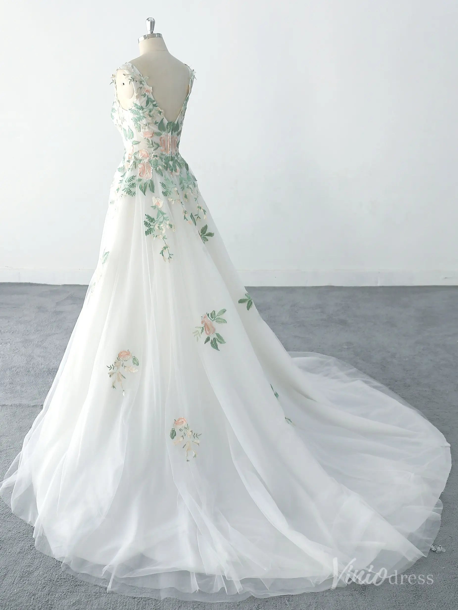 Whimsical Ivory Floral Wedding Dress with Pastel Embroidery, V-Neck Bodice, and Layered Tulle Skirt – FW221-wedding dresses 2025 -Viniodress-Ivory-Custom Size-
