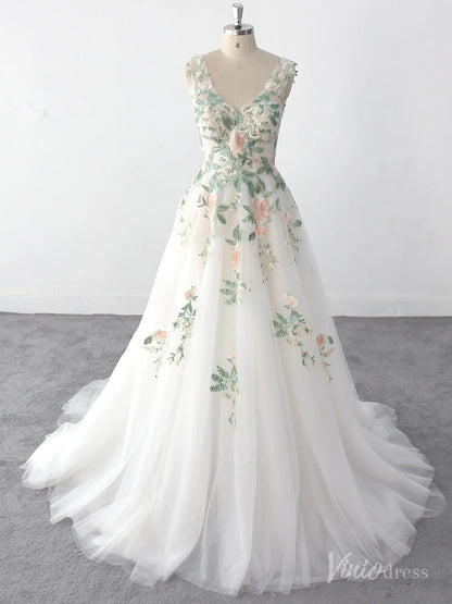 Whimsical Ivory Floral Wedding Dress with Pastel Embroidery, V-Neck Bodice, and Layered Tulle Skirt – FW221-wedding dresses 2025 -Viniodress-Ivory-Custom Size-