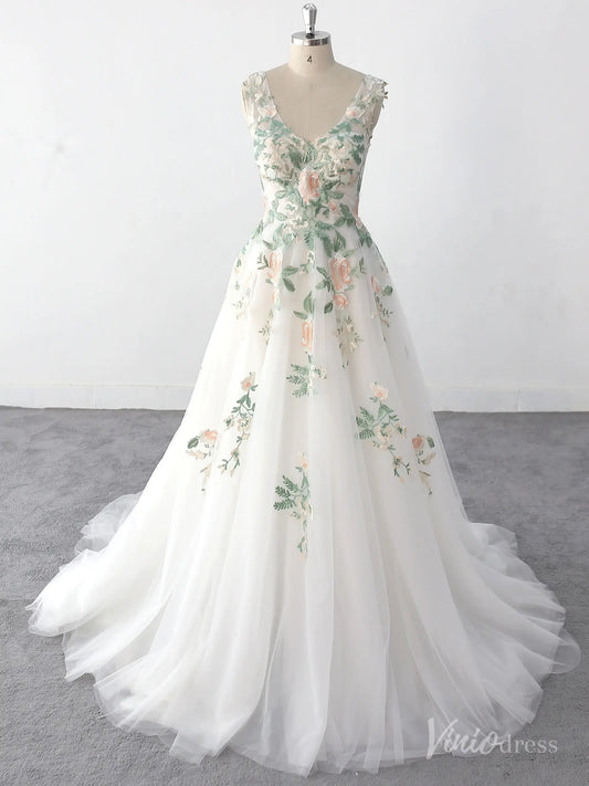 Whimsical Ivory Floral Wedding Dress with Pastel Embroidery, V-Neck Bodice, and Layered Tulle Skirt – FW221-wedding dresses 2025 -Viniodress-Ivory-Custom Size-
