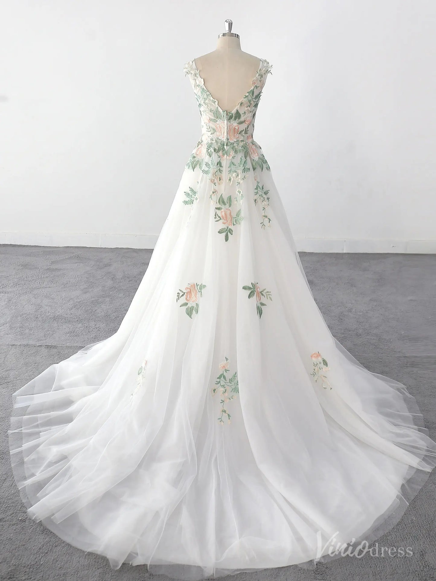 Whimsical Ivory Floral Wedding Dress with Pastel Embroidery, V-Neck Bodice, and Layered Tulle Skirt – FW221-wedding dresses 2025 -Viniodress-Ivory-Custom Size-