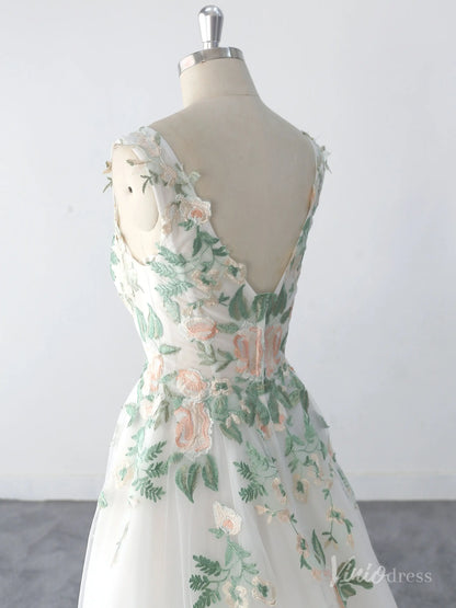 Whimsical Ivory Floral Wedding Dress with Pastel Embroidery, V-Neck Bodice, and Layered Tulle Skirt – FW221-wedding dresses 2025 -Viniodress-Ivory-Custom Size-