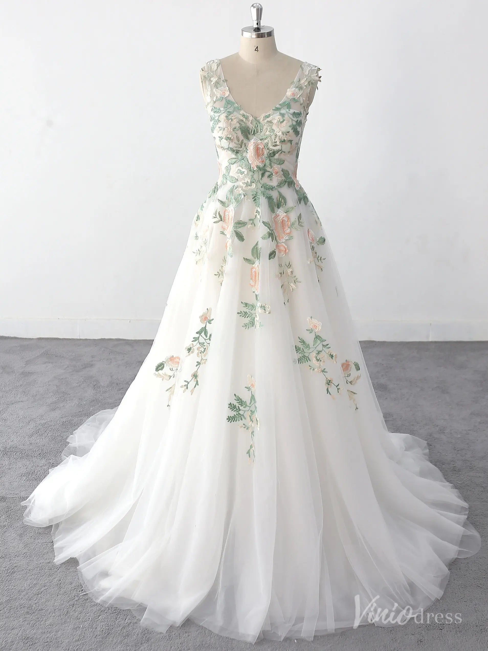 Whimsical Ivory Floral Wedding Dress with Pastel Embroidery, V-Neck Bodice, and Layered Tulle Skirt – FW221-wedding dresses 2025 -Viniodress-Ivory-Custom Size-