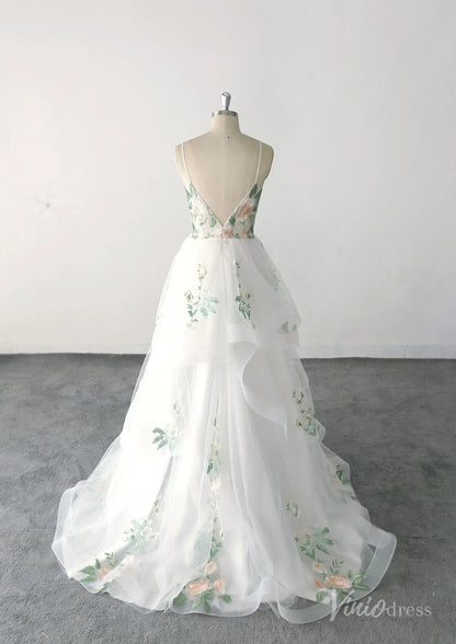 Whimsical Ivory Floral Wedding Dress with Spaghetti Straps, Layered Tulle Skirt, and Embroidered Bodice – FW224-wedding dresses 2025 -Viniodress-Ivory-Custom Size-
