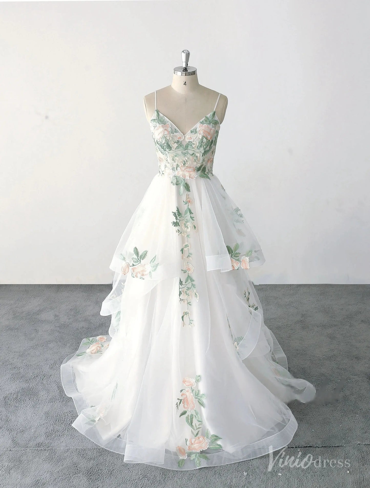 Whimsical Ivory Floral Wedding Dress with Spaghetti Straps, Layered Tulle Skirt, and Embroidered Bodice – FW224-wedding dresses 2025 -Viniodress-Ivory-Custom Size-
