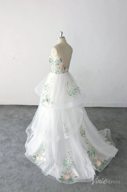 Whimsical Ivory Floral Wedding Dress with Spaghetti Straps, Layered Tulle Skirt, and Embroidered Bodice – FW224-wedding dresses 2025 -Viniodress-Ivory-Custom Size-