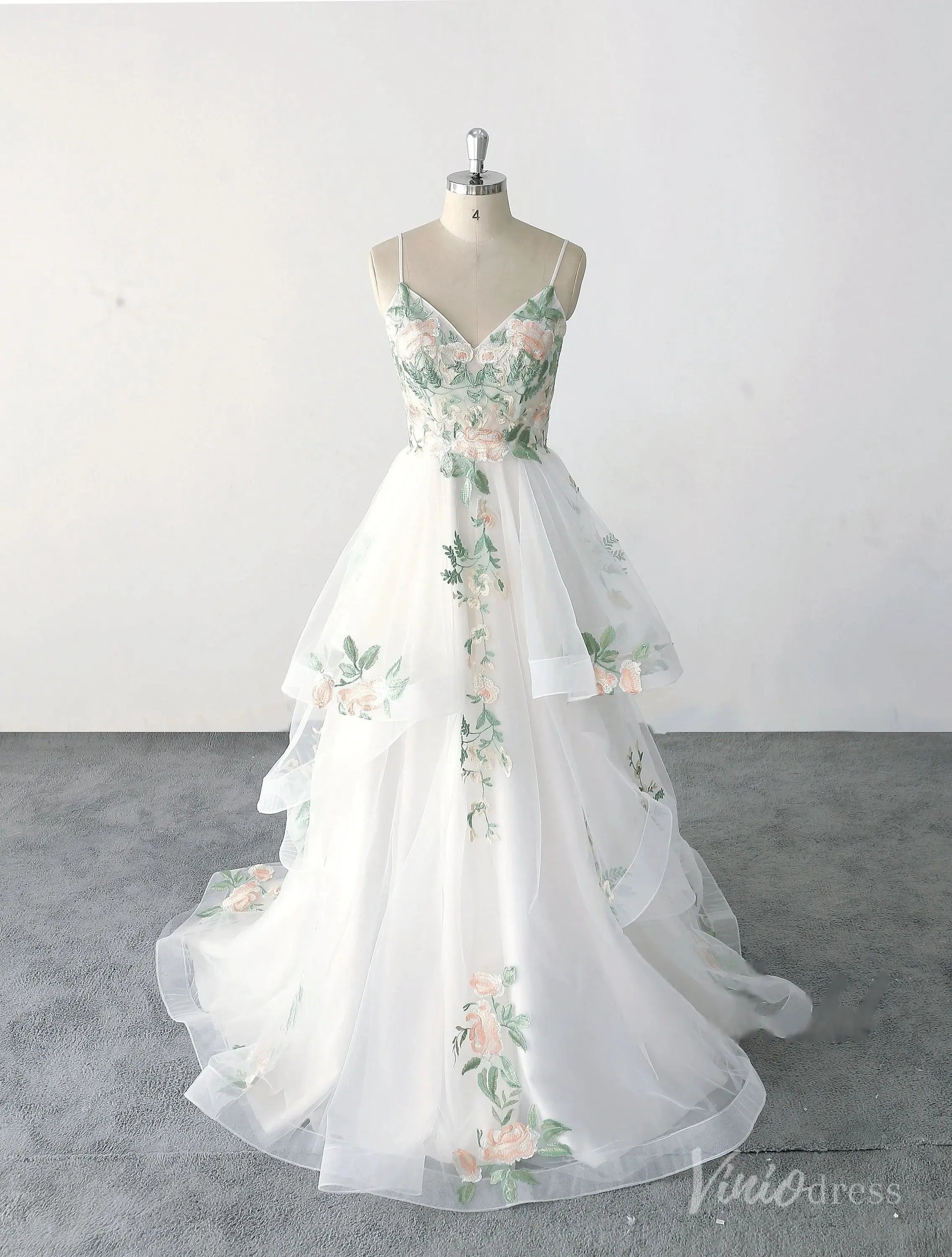Whimsical Ivory Floral Wedding Dress with Layered Tulle Skirt and Spaghetti Straps FW224 Viniodress Whimsical Ivory Floral Wedding Dress with Layered Tulle Skirt and Spaghetti Straps FW224 Viniodress
