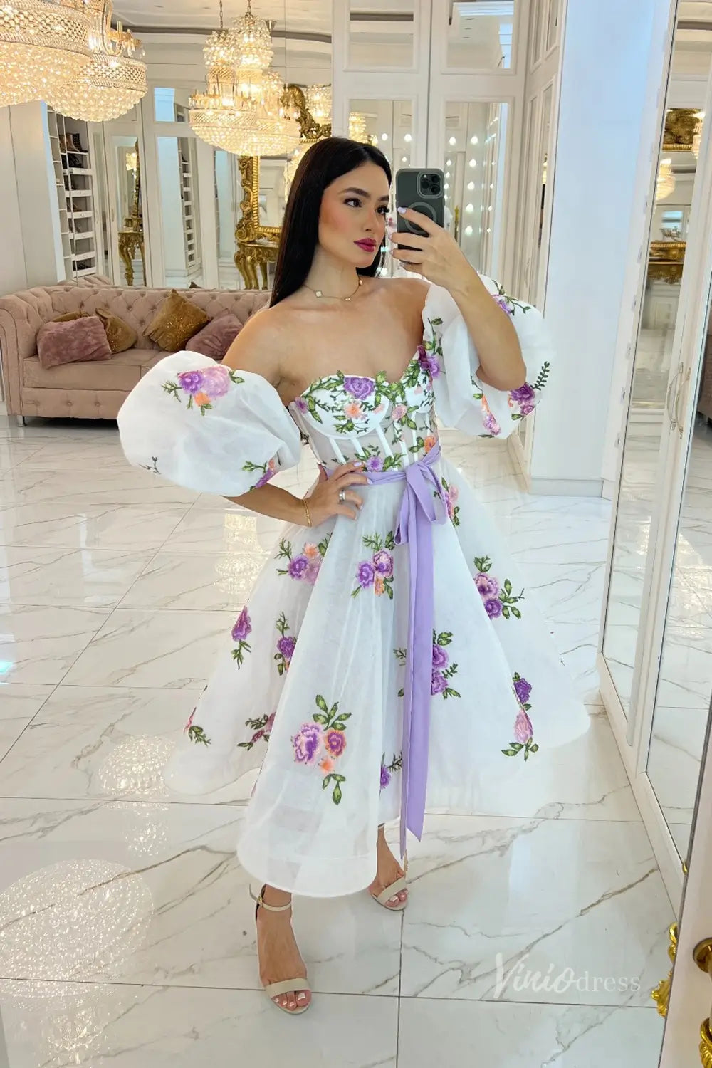 Whimsical Lavender Floral Embroidered Off-Shoulder Midi Wedding Dress with Puff Sleeves & Ribbon Waist – FW245-wedding dresses 2025 -Viniodress-Lavender-Custom Size-