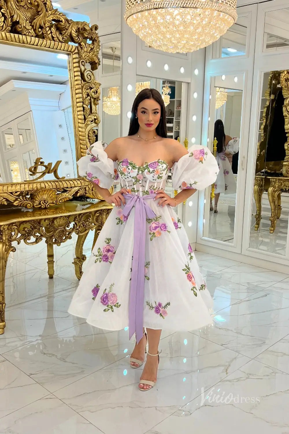 Whimsical Lavender Floral Embroidered Off-Shoulder Midi Wedding Dress with Puff Sleeves & Ribbon Waist – FW245-wedding dresses 2025 -Viniodress-Lavender-Custom Size-