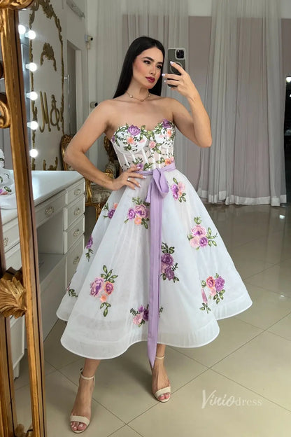 Whimsical Lavender Floral Embroidered Off-Shoulder Midi Wedding Dress with Puff Sleeves & Ribbon Waist – FW245-wedding dresses 2025 -Viniodress-Lavender-Custom Size-