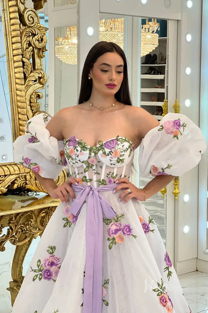 Whimsical Lavender Floral Embroidered Off-Shoulder Midi Wedding Dress with Puff Sleeves & Ribbon Waist – FW245-wedding dresses 2025 -Viniodress-Lavender-Custom Size-