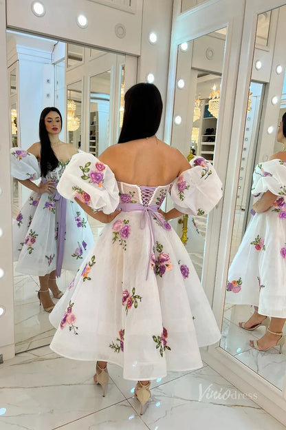 Whimsical Lavender Floral Embroidered Off-Shoulder Midi Wedding Dress with Puff Sleeves & Ribbon Waist – FW245-wedding dresses 2025 -Viniodress-Lavender-Custom Size-