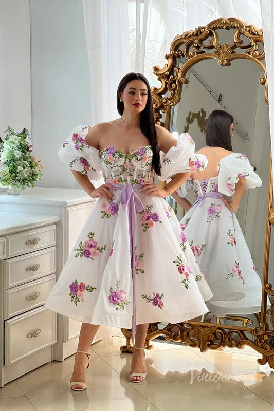 Whimsical Lavender Floral Embroidered Off-Shoulder Midi Wedding Dress with Puff Sleeves & Ribbon Waist – FW245-wedding dresses 2025 -Viniodress-Lavender-Custom Size-