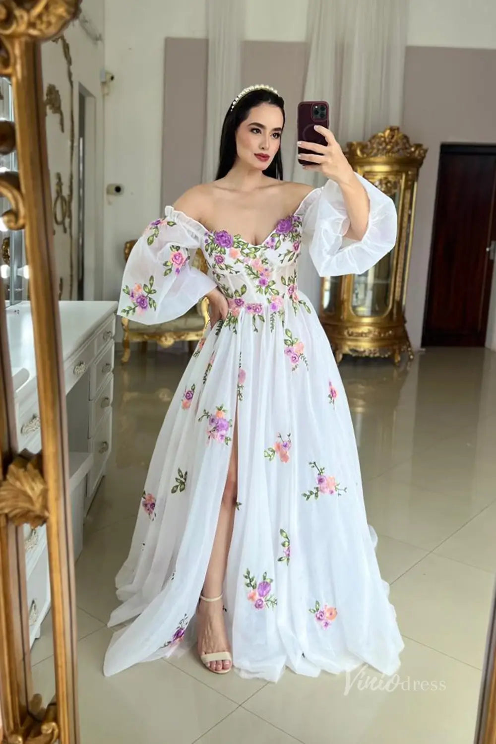 Whimsical Lavender Floral Embroidered Off-Shoulder Wedding Dress with Puff Sleeves, Corset Bodice & High Slit – FW245L-wedding dresses 2025 -Viniodress-Lavender-Custom Size-