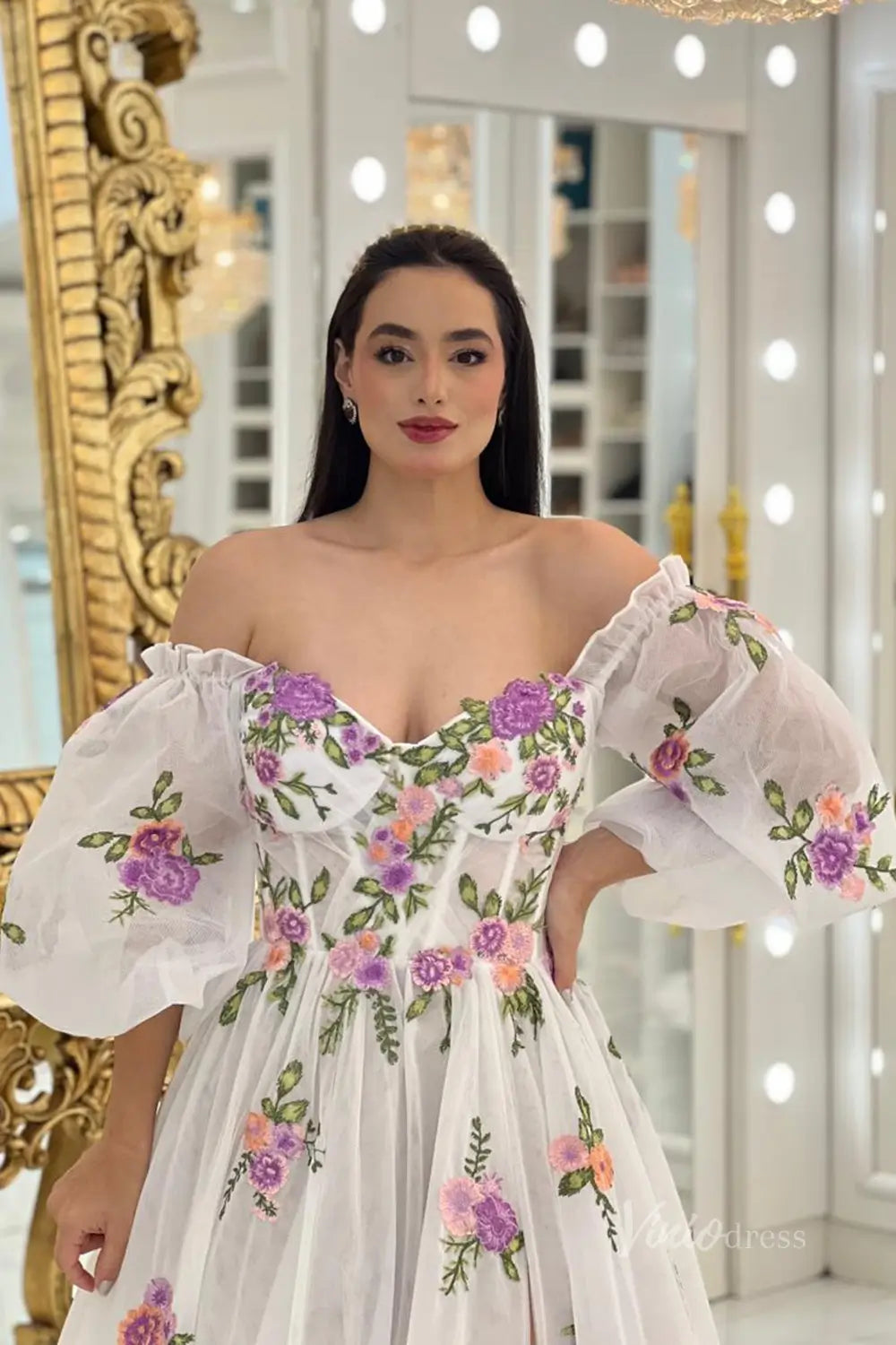 Whimsical Lavender Floral Embroidered Off-Shoulder Wedding Dress with Puff Sleeves, Corset Bodice & High Slit – FW245L-wedding dresses 2025 -Viniodress-Lavender-Custom Size-