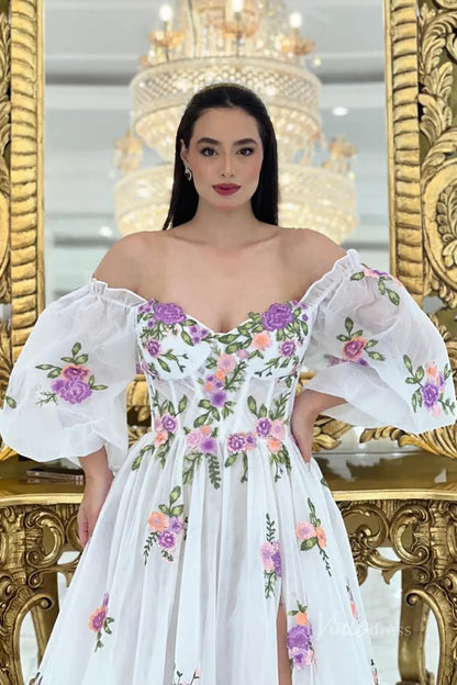 Whimsical Lavender Floral Embroidered Off-Shoulder Wedding Dress with Puff Sleeves, Corset Bodice & High Slit – FW245L-wedding dresses 2025 -Viniodress-Lavender-Custom Size-