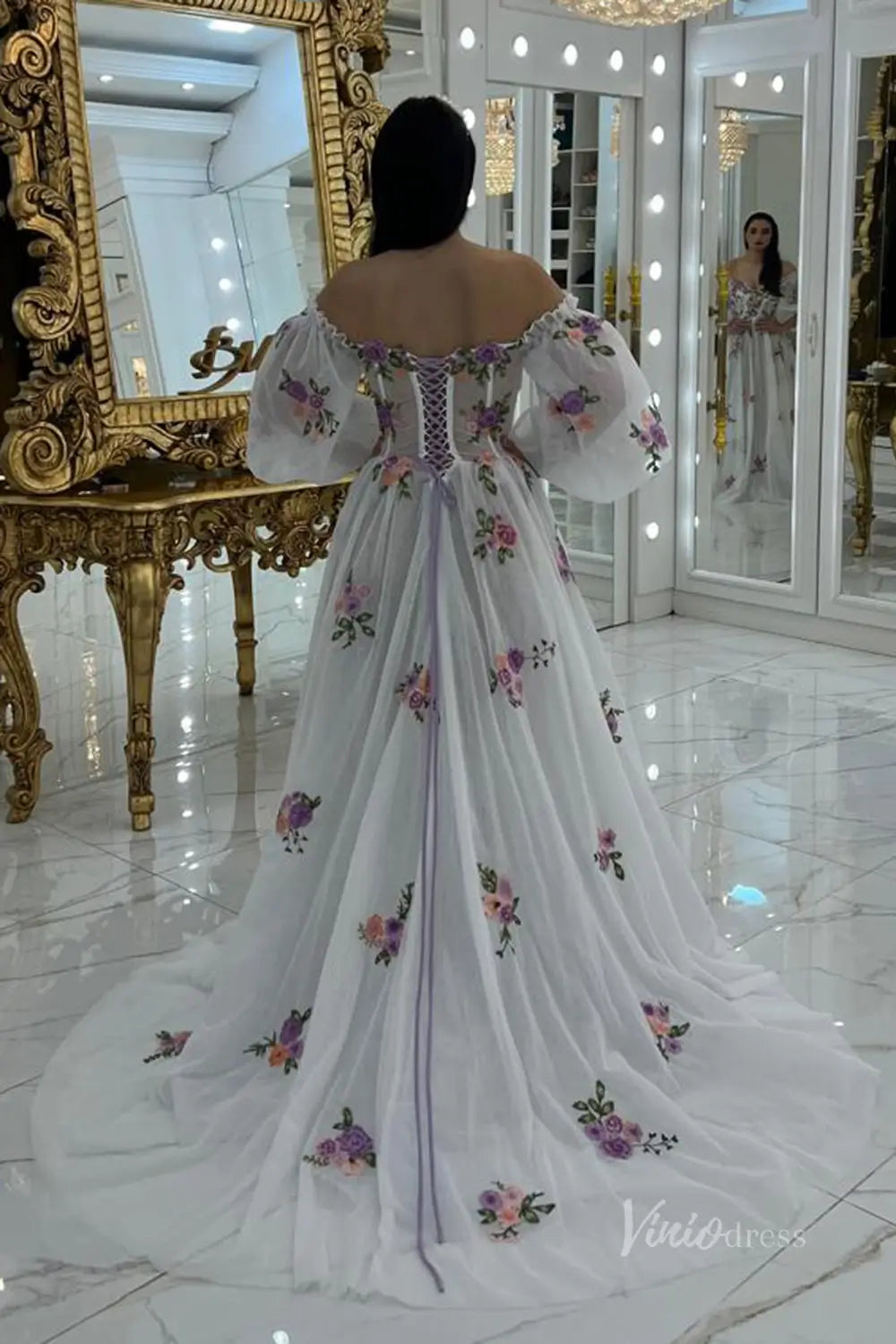 Whimsical Lavender Floral Embroidered Off-Shoulder Wedding Dress with Puff Sleeves, Corset Bodice & High Slit – FW245L-wedding dresses 2025 -Viniodress-Lavender-Custom Size-