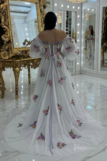 Whimsical Lavender Floral Embroidered Off-Shoulder Wedding Dress with Puff Sleeves, Corset Bodice & High Slit – FW245L-wedding dresses 2025 -Viniodress-Lavender-Custom Size-