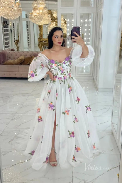 Whimsical Lavender Floral Embroidered Off-Shoulder Wedding Dress with Puff Sleeves, Corset Bodice & High Slit – FW245L-wedding dresses 2025 -Viniodress-Lavender-Custom Size-