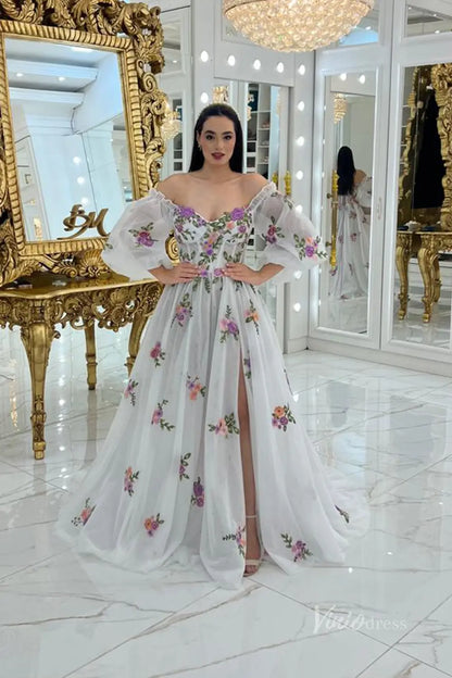 Whimsical Lavender Floral Embroidered Off-Shoulder Wedding Dress with Puff Sleeves, Corset Bodice & High Slit – FW245L-wedding dresses 2025 -Viniodress-Lavender-Custom Size-