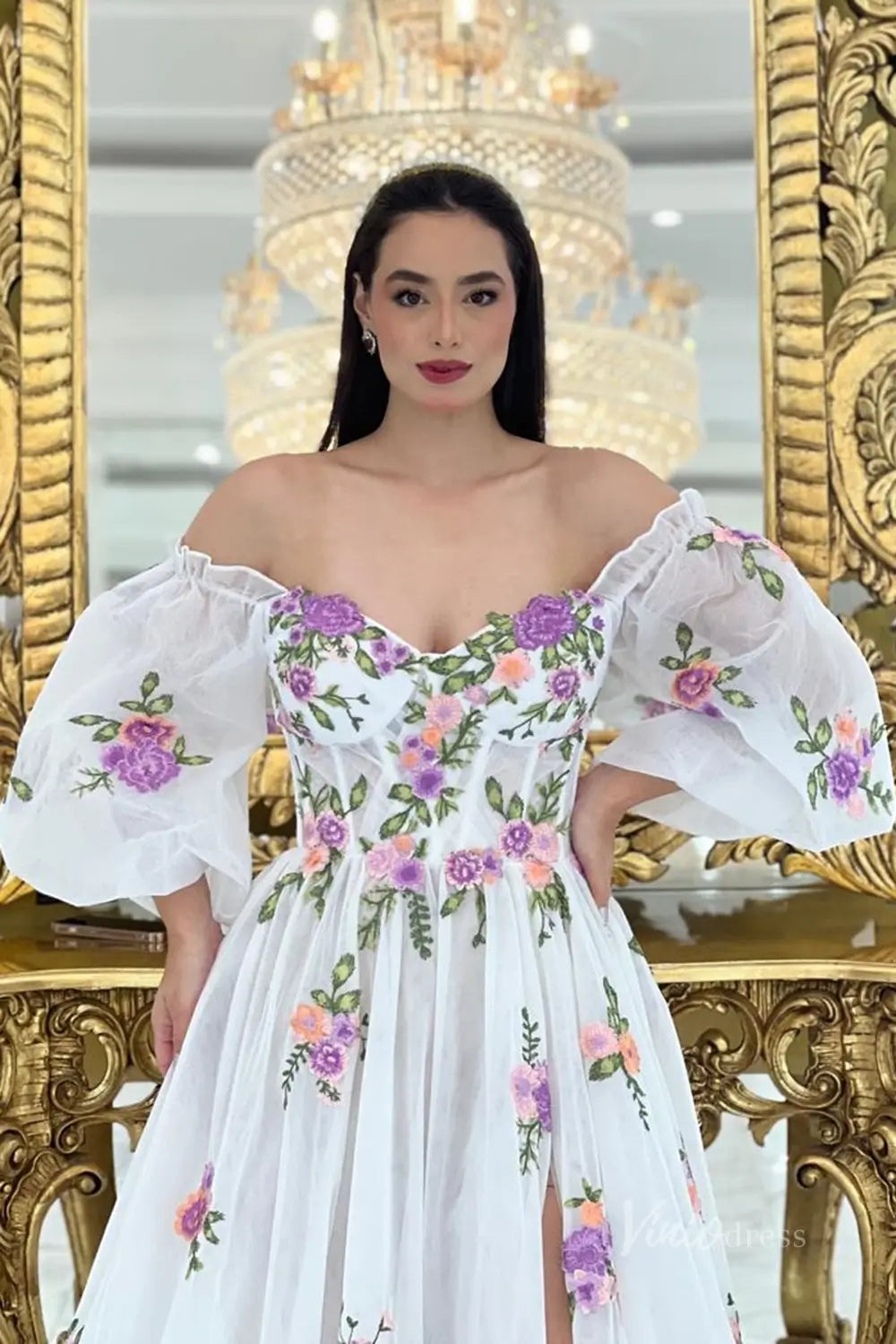 Whimsical Lavender Floral Embroidered Off-Shoulder Wedding Dress with Puff Sleeves, Corset Bodice & High Slit – FW245L-wedding dresses 2025 -Viniodress-Lavender-Custom Size-