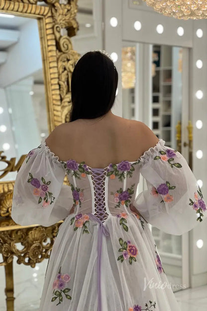 Whimsical Lavender Floral Embroidered Off-Shoulder Wedding Dress with Puff Sleeves, Corset Bodice & High Slit – FW245L-wedding dresses 2025 -Viniodress-Lavender-Custom Size-