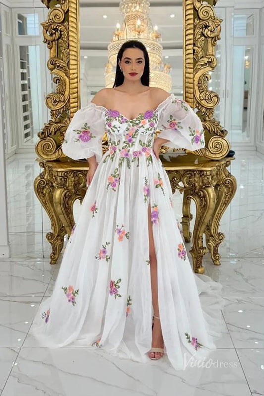 Whimsical Lavender Floral Embroidered Off-Shoulder Wedding Dress with Puff Sleeves, Corset Bodice & High Slit – FW245L-wedding dresses 2025 -Viniodress-Lavender-Custom Size-