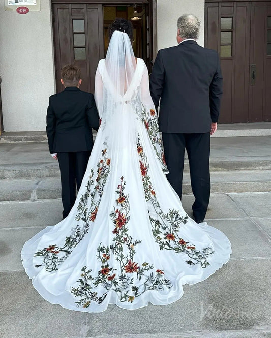 Whimsical Meadow Floral Chiffon Wedding Dress | Cape Sleeve Gown for Vow Renewal Mature Brides FW113-wedding dresses 2025 -Viniodress-Ivory-Custom Size-