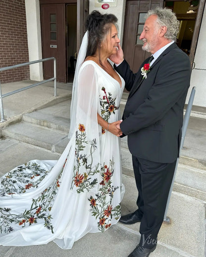 Whimsical Meadow Floral Chiffon Wedding Dress | Cape Sleeve Gown for Vow Renewal Mature Brides FW113-wedding dresses 2025 -Viniodress-Ivory-Custom Size-