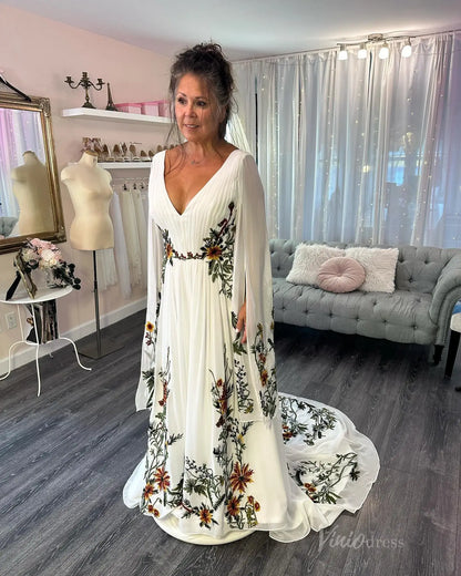 Whimsical Meadow Floral Chiffon Wedding Dress | Cape Sleeve Gown for Vow Renewal Mature Brides FW113-wedding dresses 2025 -Viniodress-Ivory-Custom Size-