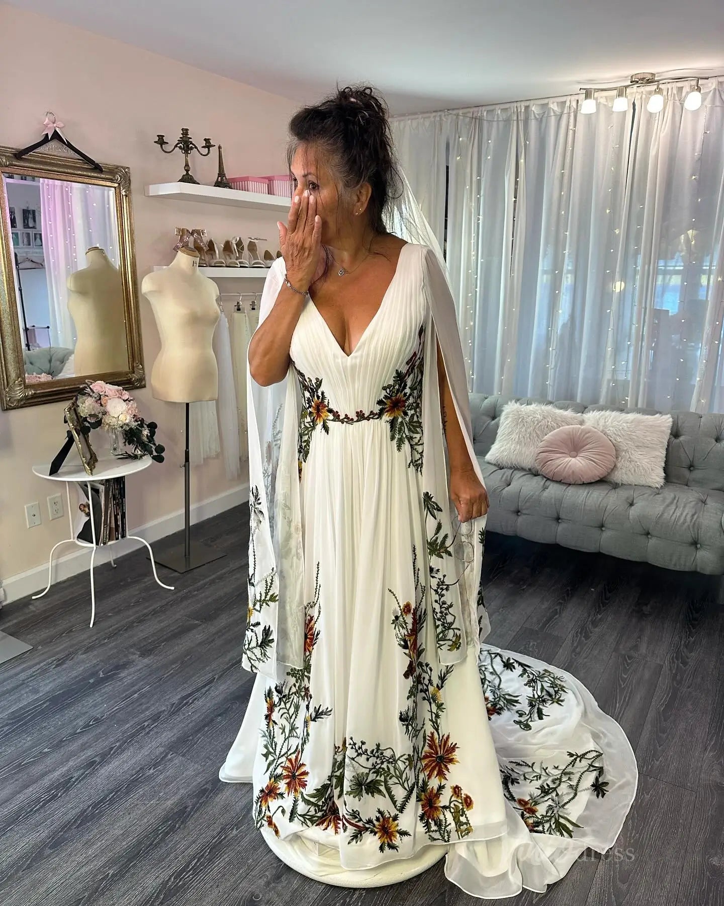 Whimsical Meadow Floral Chiffon Wedding Dress | Cape Sleeve Gown for Vow Renewal Mature Brides FW113-wedding dresses 2025 -Viniodress-Ivory-Custom Size-