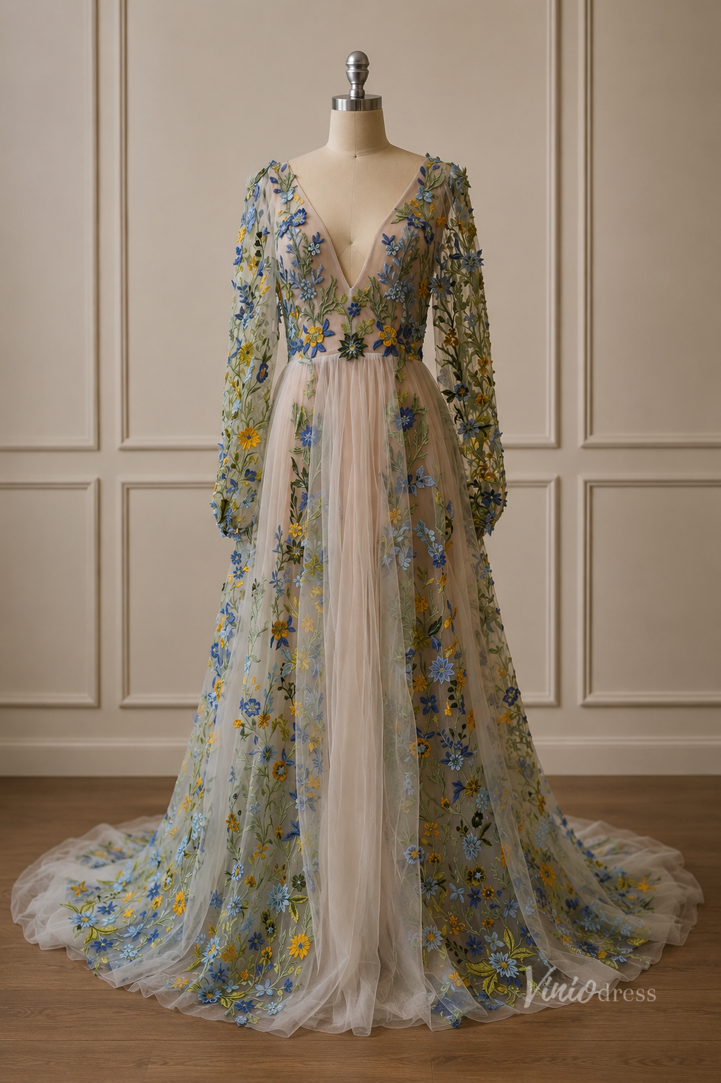 Whimsical Meadow Floral Wedding Dress with Long Sleeves| V-Neck Backless Gown FW101-wedding dresses 2026-Viniodress-Meadow Green-Custom Size – Add Measurements in Cart-