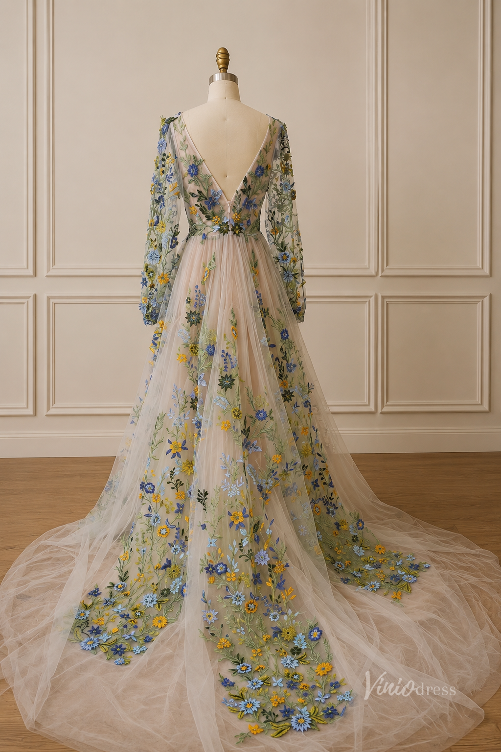 Whimsical Meadow Floral Wedding Dress with Long Sleeves| V-Neck Backless Gown FW101-wedding dresses 2026-Viniodress-Meadow Green-Custom Size – Add Measurements in Cart-