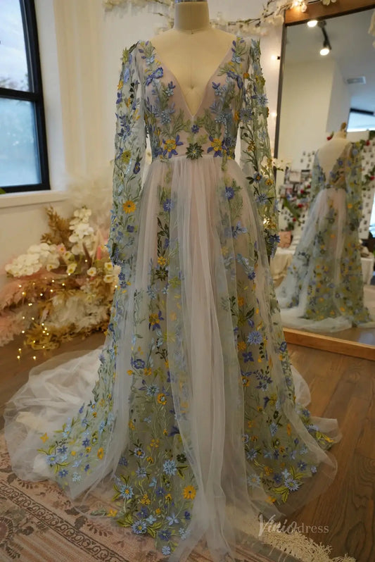 Whimsical Meadow Floral Wedding Dress with Long Sleeves| V-Neck Backless Gown FW101-wedding dresses 2025 -Viniodress-Meadow Green-Custom Size-