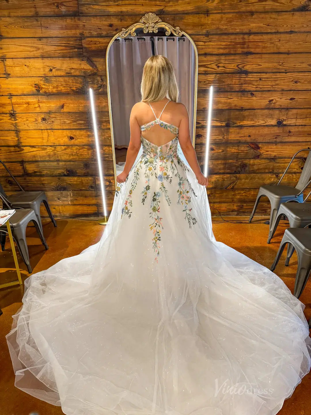 Whimsical Meadow Floral Wedding Dresses | Glitter Tulle Forest Gown with Open Back, Long Train FW133-wedding dresses 2025 -Viniodress-Ivory-Custom Size-