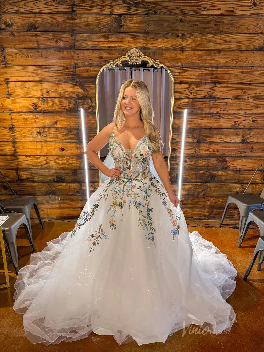 Whimsical Meadow Floral Wedding Dresses | Glitter Tulle Forest Gown with Open Back, Long Train FW133-wedding dresses 2025 -Viniodress-Ivory-Custom Size-