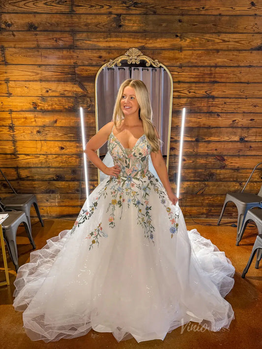 Whimsical Meadow Floral Wedding Dresses | Glitter Tulle Forest Gown with Open Back, Long Train FW133-wedding dresses 2025 -Viniodress-Ivory-Custom Size-