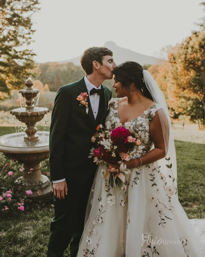 Whimsical Meadow Wedding Dresses Blush Floral Bridal Gown with Veil FW116 Sleeveless-wedding dresses 2025 -Viniodress-Ivory-Dress Only-Custom Size