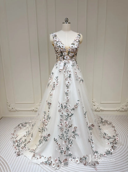 Whimsical Meadow Wedding Dresses Blush Floral Bridal Gown with Veil FW116 Sleeveless-wedding dresses 2025 -Viniodress-Ivory-Dress Only-Custom Size