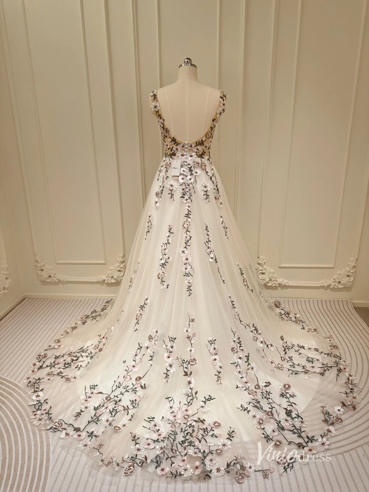 Whimsical Meadow Wedding Dresses Blush Floral Bridal Gown with Veil FW116 Sleeveless-wedding dresses 2025 -Viniodress-Ivory-Dress Only-Custom Size
