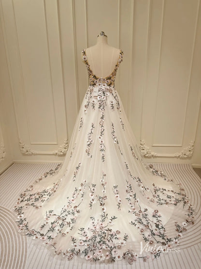 Whimsical Meadow Wedding Dresses Blush Floral Bridal Gown with Veil FW116 Sleeveless-wedding dresses 2025 -Viniodress-Ivory-Dress Only-Custom Size