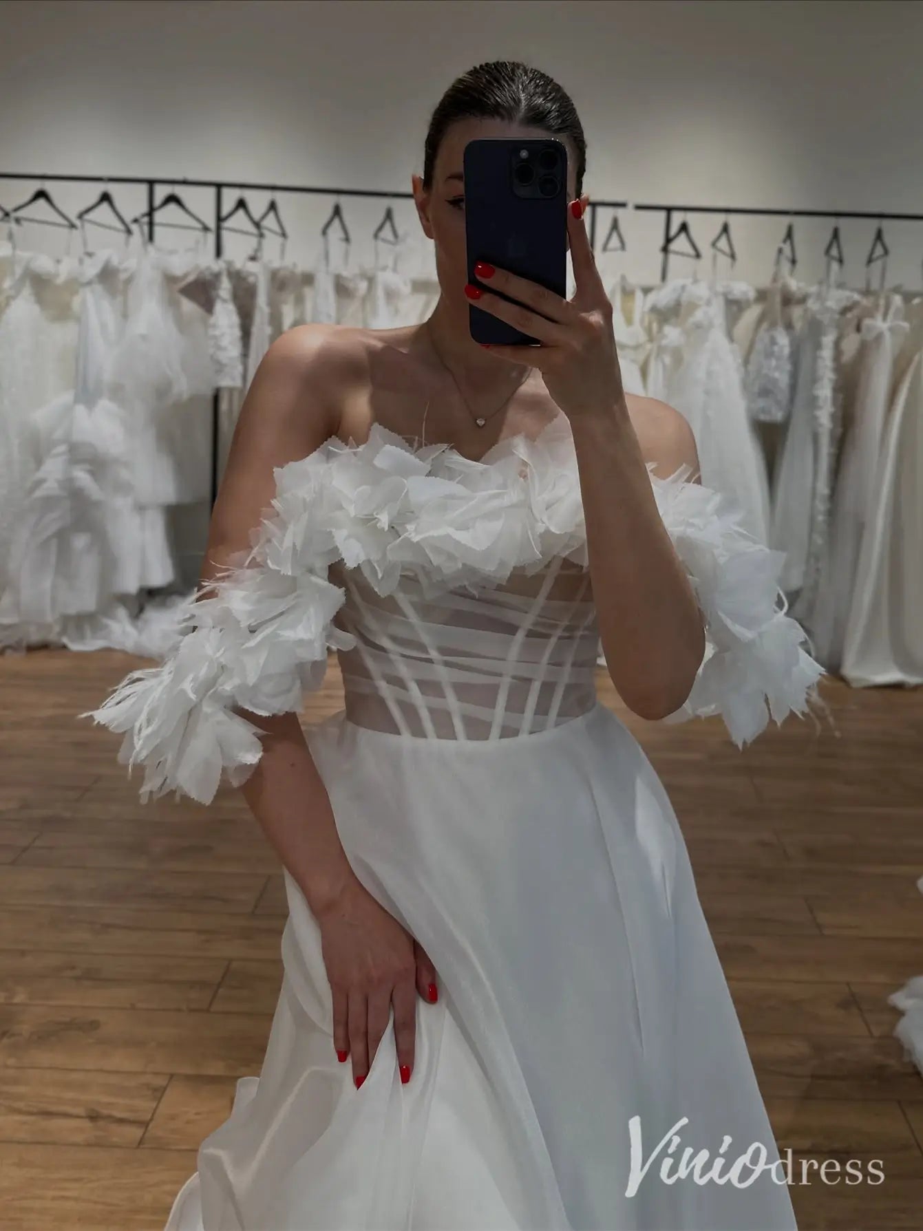 Whimsical Off Shoulder Organza Wedding Dress with Floral Sleeves and Sheer Corset – MS122-wedding dresses 2025 -Viniodress-Ivory-Custom Size-