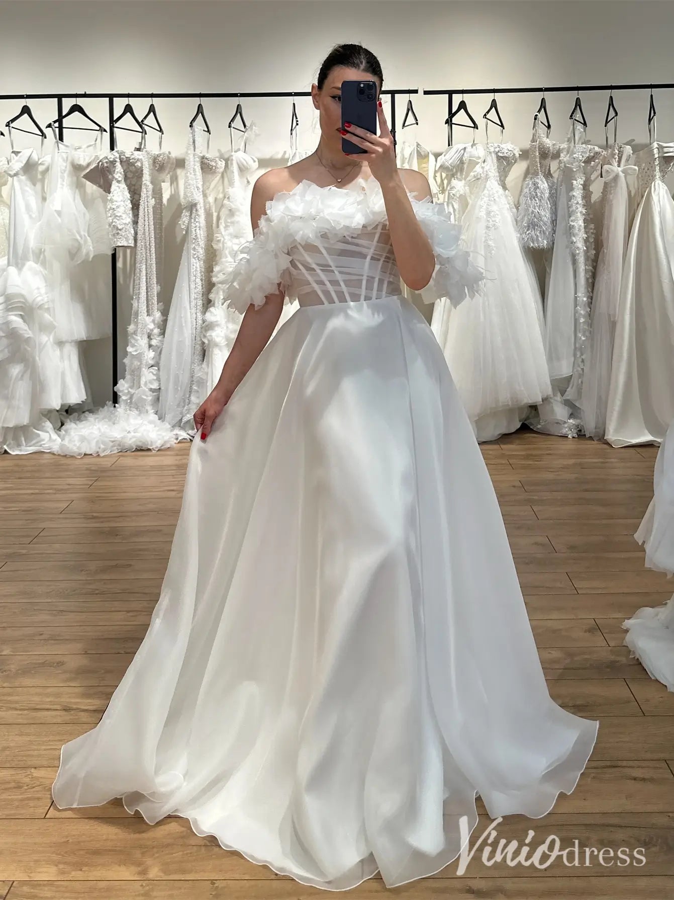 Whimsical Off Shoulder Organza Wedding Dress with Floral Sleeves and Sheer Corset – MS122-wedding dresses 2025 -Viniodress-Ivory-Custom Size-