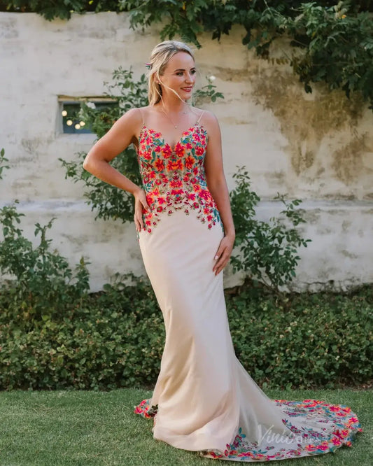 Whimsical Red Floral Mermaid Wedding Dress | V-Neck Backless Gown with Floral Hemmed Train FW143-wedding dresses 2025 -Viniodress-Champagne-Custom Size-