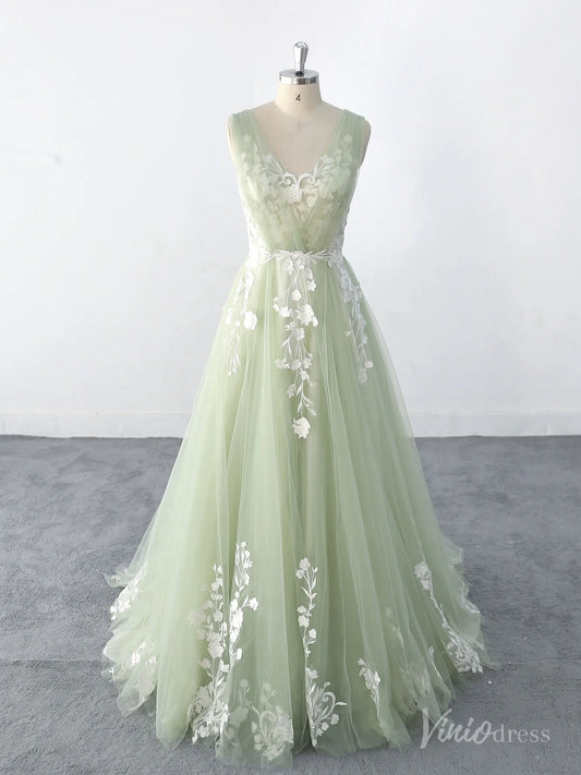 Whimsical Sage Green Wedding Dress with Floral Lace Appliques, Illusion V-Neck, and Soft Tulle Skirt – FW220-wedding dresses 2025 -Viniodress-Sage-Custom Size-